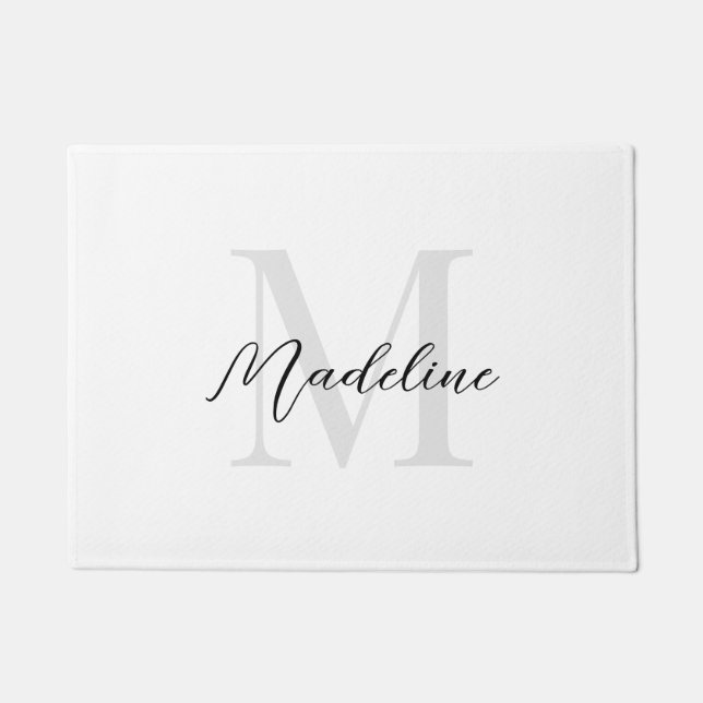 Minimale Script-Kalligrafie Schwarz-weiß Monogram Fußmatte (Vorderseite)