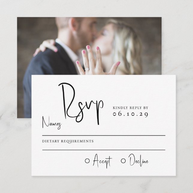 Minimale Script Typografy Foto Hochzeit RSVP Karte (Vorne/Hinten)