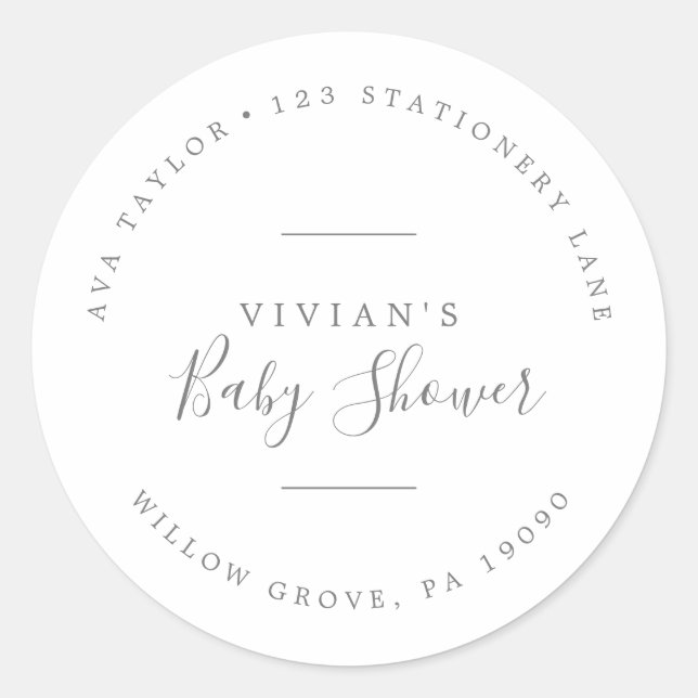 Minimale Silver Baby Shower Circular Rücksendeadre Runder Aufkleber (Vorderseite)