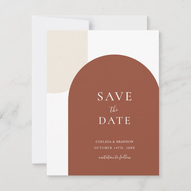 Minimale Skript Boho Rustikale Terrakotta-Bogen-Ho Save The Date (Vorderseite)