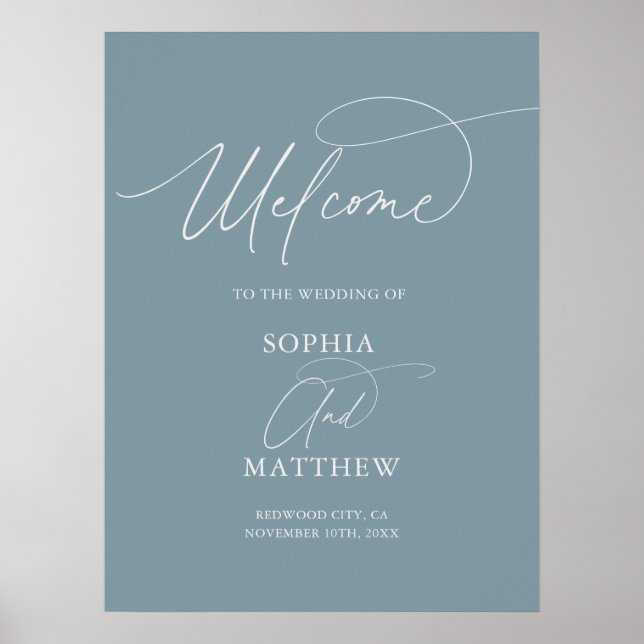 Minimale Skript Willkommen Dusty Blue Hochzeitspos Poster (Vorne)
