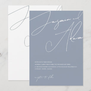 Minimale staubblaue Skript-Typografie-Hochzeit Einladung