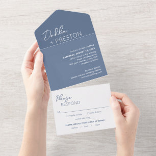 Minimale staubige blaue moderne Hochzeit All In One Einladung