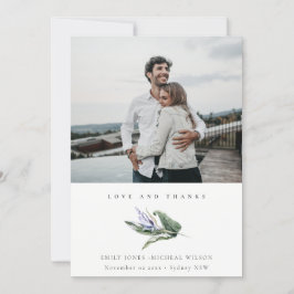 Minimale Tropenleafy Blue Floral Foto Hochzeit Dankeskarte