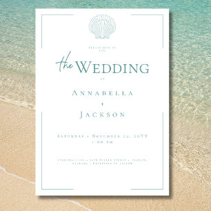 Minimale Typografie Aqua & White Muschel Hochzeit Einladung
