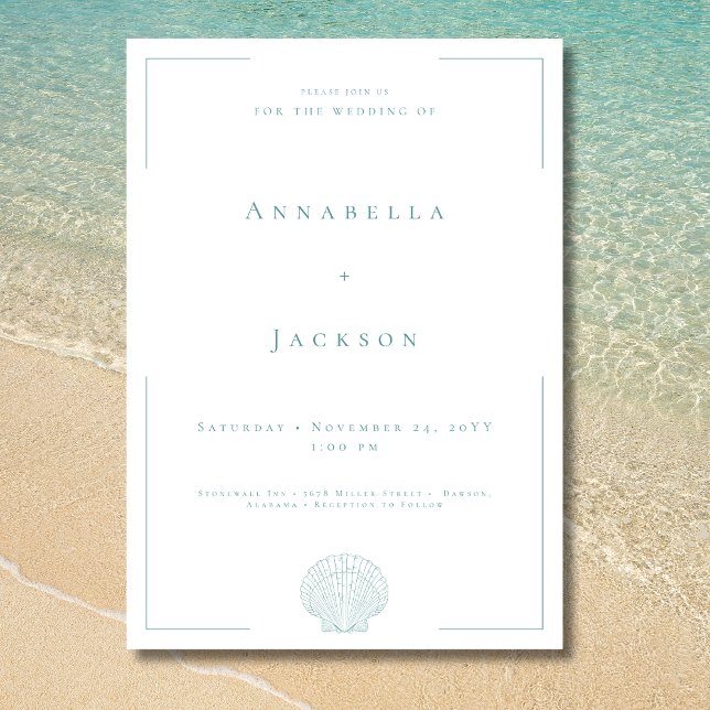 Minimale Typografie Aqua & White Muschel Hochzeit Einladung (Minimal Typography Aqua White Shell Wedding Invitation)