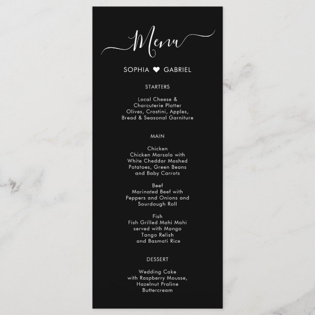 Minimale Typografie Herz Black Wedding Menu Karte (Vorderseite)