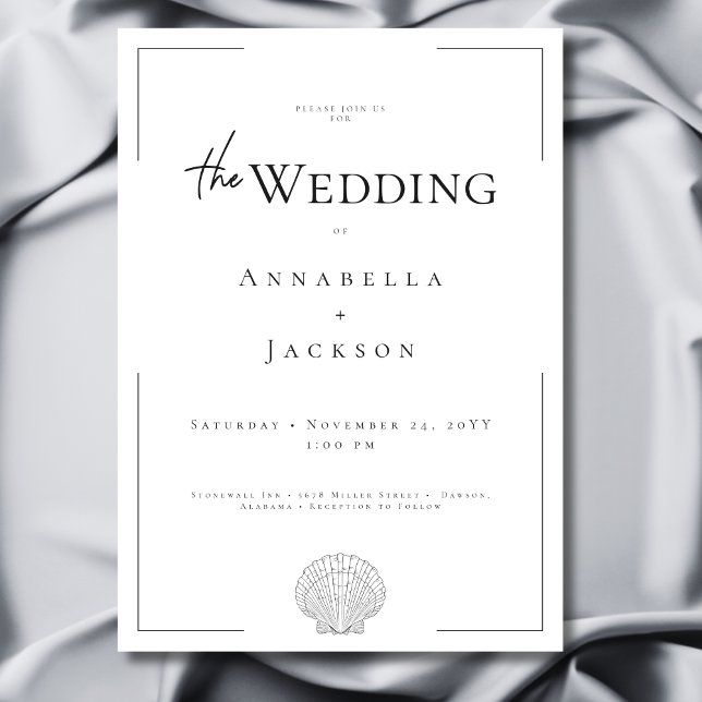 Minimale Typografie Schwarz-Weiß-Muschel Hochzeit Einladung (Minimal Typography Black & White Shell Wedding Invitation)