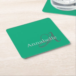 Minimale und einfache grüne Monogramm und Name Rechteckiger Pappuntersetzer