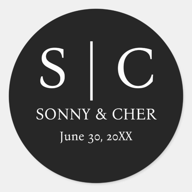 Minimale und elegante Schwarz-Weiß-Monogramm-Hochz Runder Aufkleber (Vorderseite)