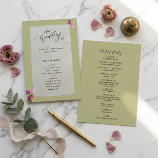 Minimale und schicke florale Salbeigrüne Hochzeit Programm