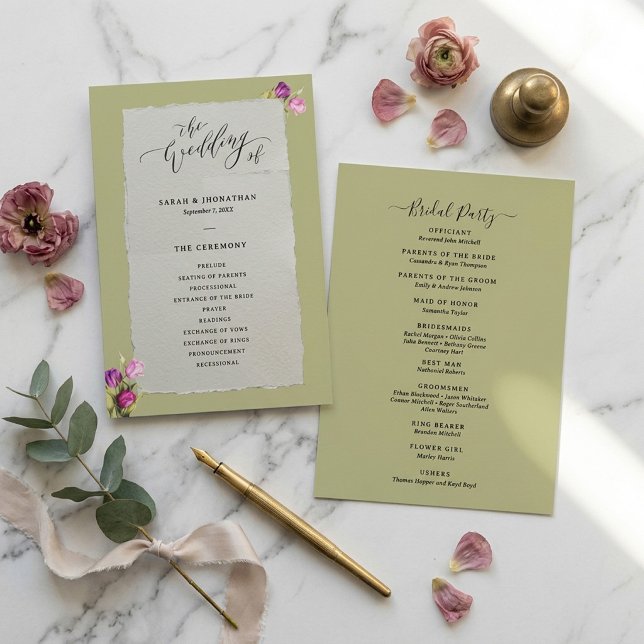 Minimale und schicke florale Salbeigrüne Hochzeit  Programm (Von Creator hochgeladen)