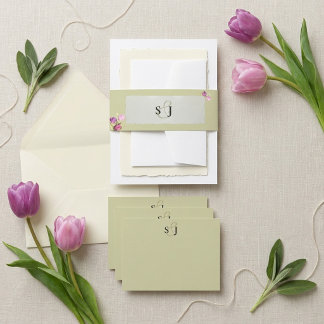 Minimale und schicke florale Salbeigrüne Monogramm Einladungsbanderole