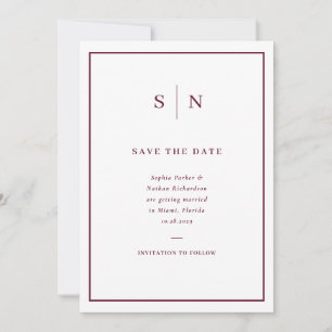 Minimale und schicke weiße und burgunderrote Hochz Save The Date