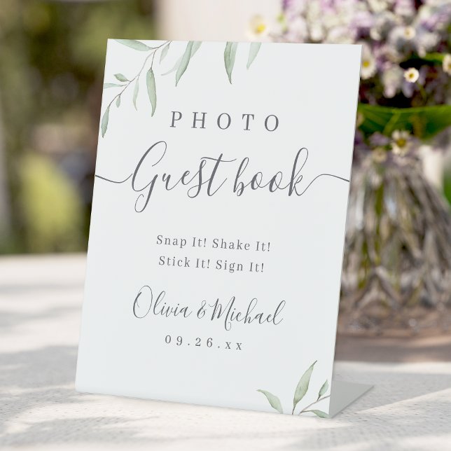 Minimale Vegetation rustikales Wedding Foto Gästeb Sockelschild (Minimal greenery rustic Wedding Photo Guest Book Pedestal Sign)