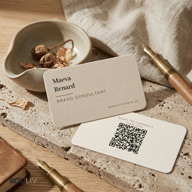 Minimale warme beigefarbene Leinenstruktur QR-Code Visitenkarte (Wabi-Sabi Warm Beige Linen Texture QR Code Creative Freelancer Business Card
)