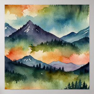 Minimale Wasserfarben-Gebirgslandschaft Poster