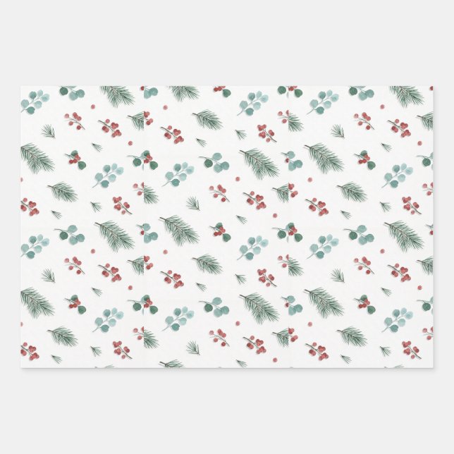 Minimale Weihnachtspattern, Kiefer & Beeren  Geschenkpapier Set (Vorderseite)