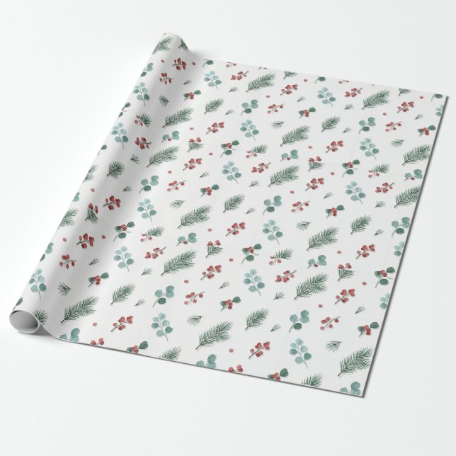 Minimale Weihnachtspattern, Kiefern & Beeren  Geschenkpapier (Ungerollt)