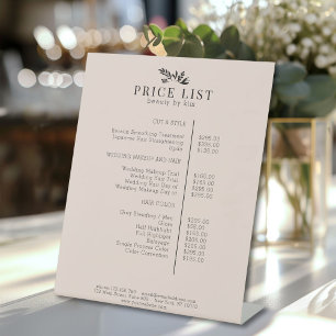 Minimale weiße botanische Salon-Preisliste Sockelschild