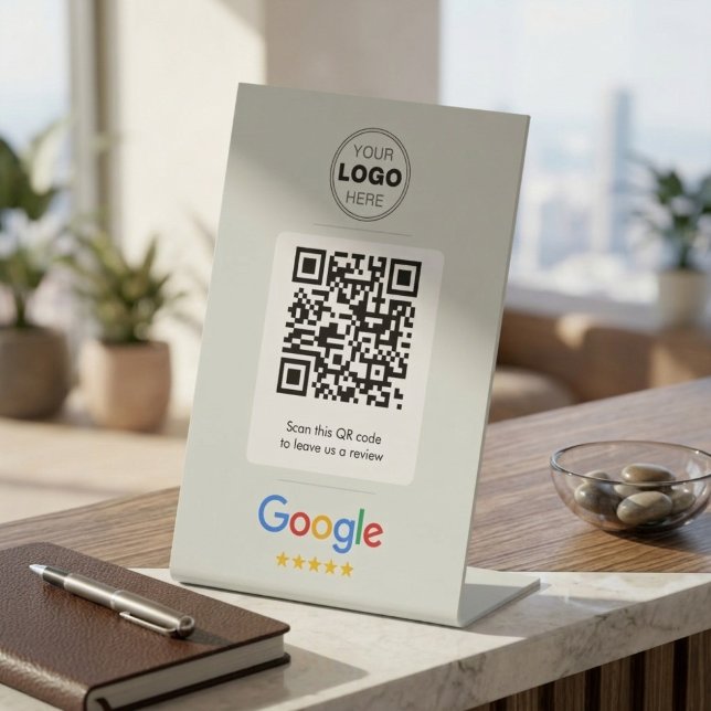 Minimale weiße Google-Review-QR-Code-Logo Sockelschild (Google Review QR Code Stand Sign | Custom Logo Business Pedestal | Modern White Storefront Display)