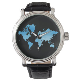 Minimale Weltkarte in Blau Wasserfarben Kunst Armbanduhr