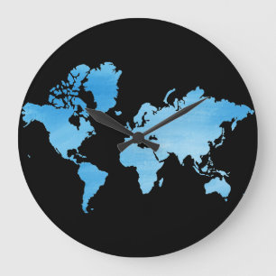 Minimale Weltkarte in Blau Wasserfarben-Kunst Große Wanduhr