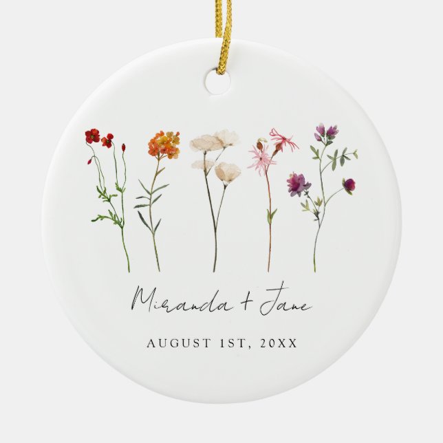 Minimale Wildblume Lesbische Blütenhochzeit Keramik Ornament (Vorne)