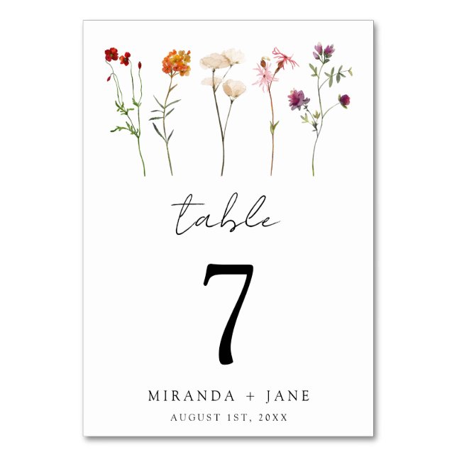 Minimale Wildblume Lesbische Blütenhochzeit Tischnummer (Vorderseite)