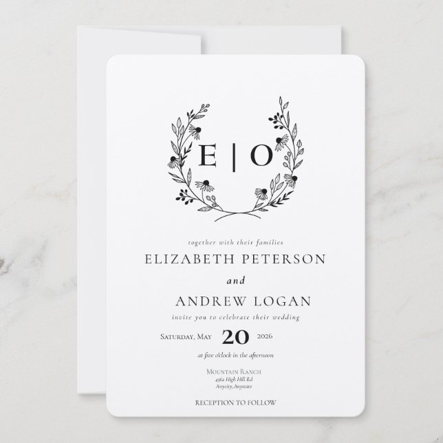 Minimale Wildblume | Wreath Wedding Einladung (Vorderseite)