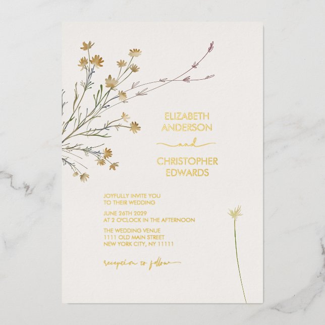 Minimale Wildblumen Bloral Simple Wedding Gold Folieneinladung (Vorderseite)