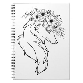 Minimale Wolfslinie Zeichnend mit Blume Notizblock