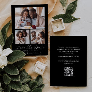 Minimaler 3-Foto-Collage QR-Code Schwarz und Weiß Save The Date