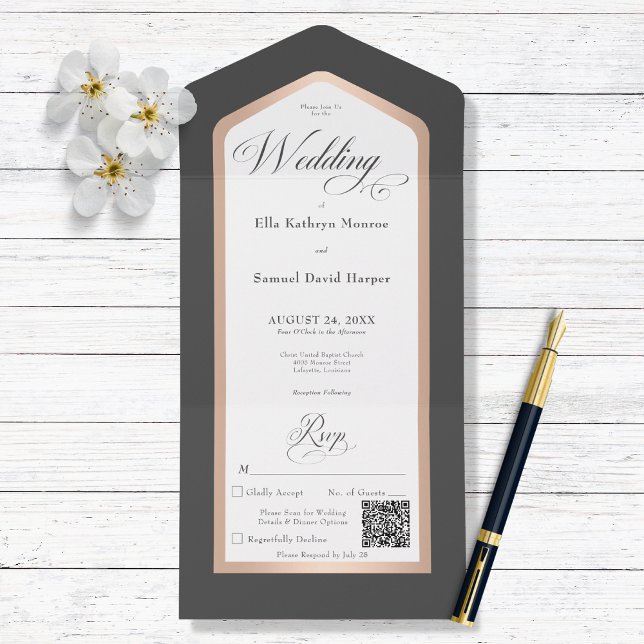 Minimaler Black & White Rose Gold Moderner QR Code All In One Einladung (Von Creator hochgeladen)