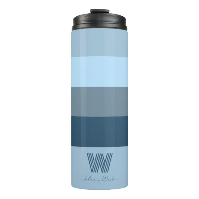 Minimaler blauer Bars Monogram Thermal Tumbler Thermosbecher (Vorderseite)