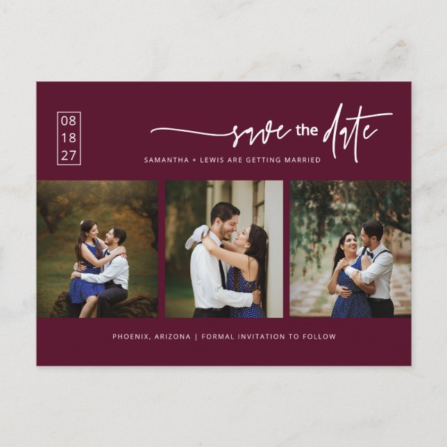 Minimaler Burgundy Boho Foto QR-Code Save the Date Postkarte (Vorderseite)