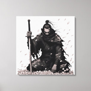 Minimaler dunkler Samurai-Krieger mit Kirschblüten Leinwanddruck