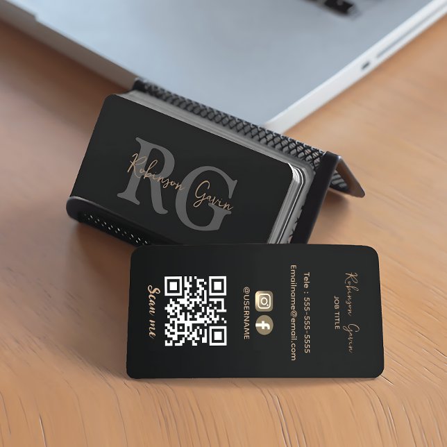 Minimaler Elegant-Monogramm-schwarzer QR-Code Visitenkarte (Minimal Elegant Monogram Black QR Code Business Card)