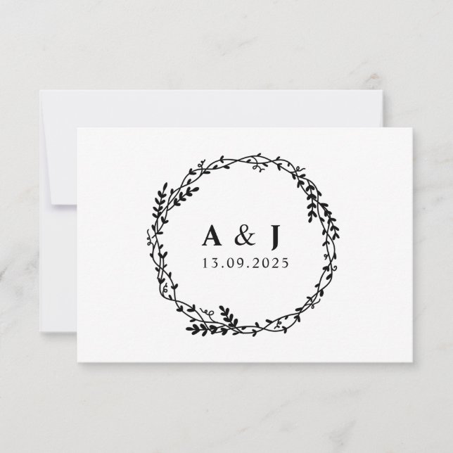 Minimaler Eleganter Botanischer Monogramm-Kranz Save The Date (Vorderseite)