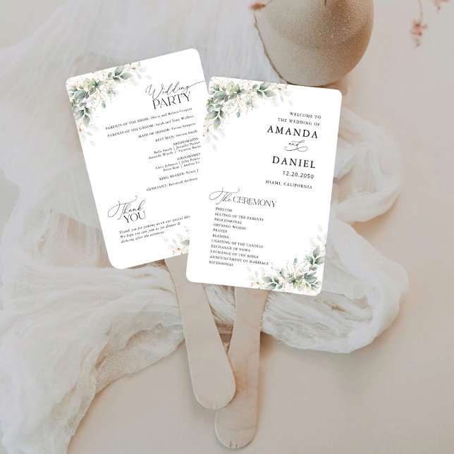 Minimaler Eukalyptus-Hochzeitsprogramm-Handfächer Fächer (Von Creator hochgeladen)