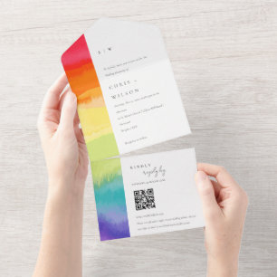 Minimaler farbenfroher Rainbow-Hochzeitsscode QR All In One Einladung