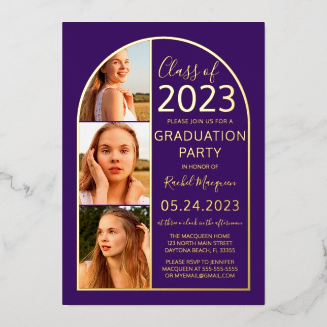 Minimaler Gold Foil Lila Arch Foto Abschluss Folieneinladung (Vorderseite)