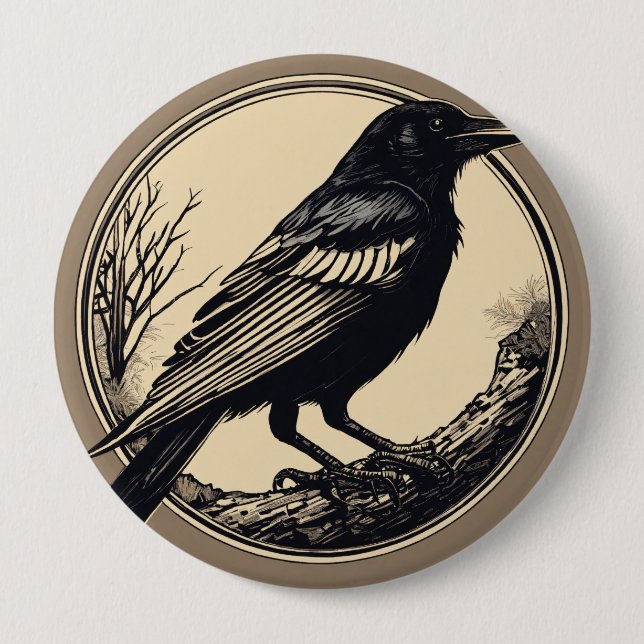 minimaler kleiner Likör einer Krähe, schwarz-weiß Button (Vorderseite)