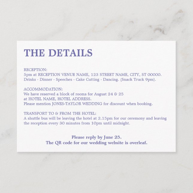 Minimaler Lavendel QR Code Hochzeitdetails Begleitkarte (Vorderseite)