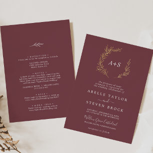 Minimaler Leaf Burgundy Gold Foil bei einer Hochze Folieneinladung