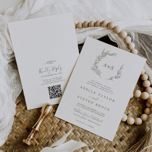 Minimaler Leaf Olive Green Monogram QR Code Hochze Einladung
