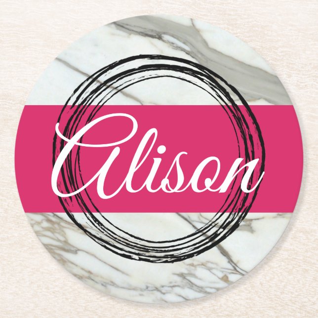 Minimaler Marmorentwurf Namenstext hinzufügen Runder Pappuntersetzer (Vorderseite)