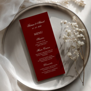 Minimaler moderner Burgund-Gold-Hochzeitstisch Menükarte