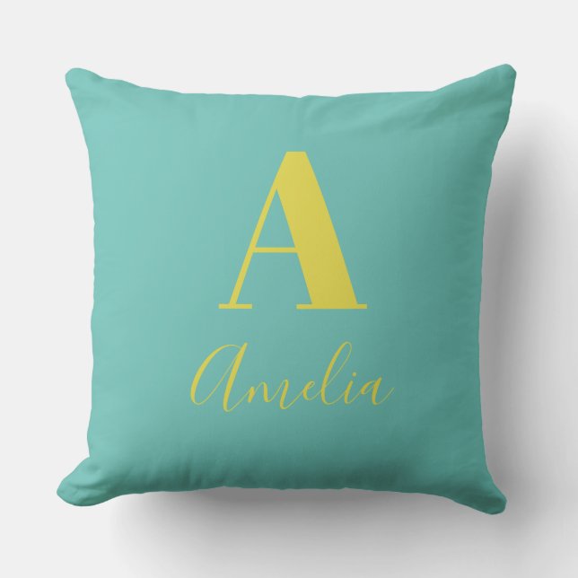 Minimaler Monogramm Name Aquamarin gelb Kissen (Vorderseite)