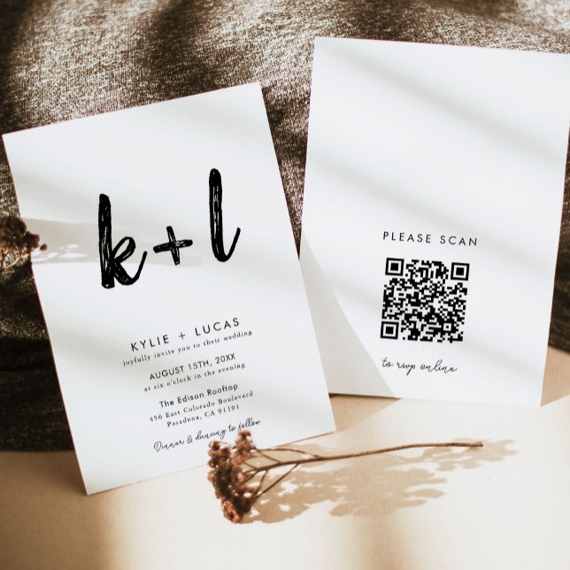 Minimaler Monogramm-Schwarz-Weiß-Qr-Code Hochzeit Einladung (Von Creator hochgeladen)